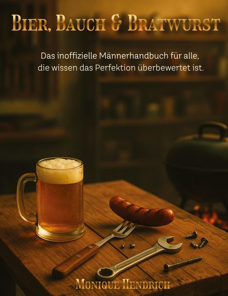 Bier, Bauch & Bratwurst. Ein Bierkrug, Bratwurst, Gabel und Schraubenschlüssel auf einem Holztisch. Autor: Monique Hendrich.
