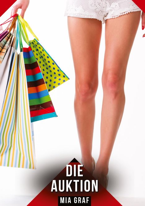 Text: "DIE AUKTION" "MIA GRAF". Eine Person in weißer Spitze hält bunte Einkaufstaschen.