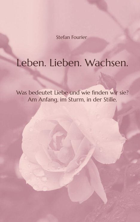 „Leben. Lieben. Wachsen.“ und „Was bedeutet Liebe und wie finden wir sie?“ vor rosa Rosenhintergrund.