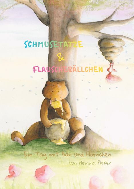 "Schmusetatze & Flauschbällchen", Bär isst Honig unter Baum, Eichhörnchen im Bienenstock; fröhliche Illustration.