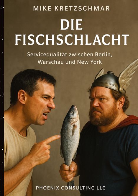 „Die Fischschlacht“ – zwei Männer streiten über einen Fisch. Einer trägt Wikinger-Helm.
