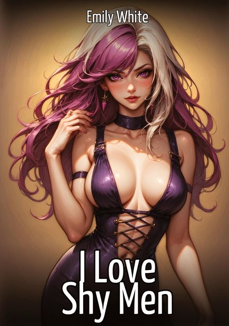 "Emily White: I Love Shy Men." Illustration einer Frau mit lila Haar und einem violetten Kleid.