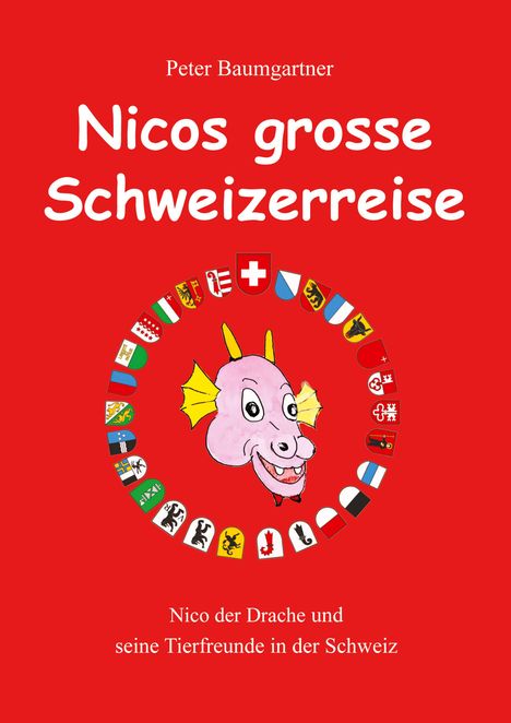Peter Baumgartner, "Nicos grosse Schweizerreise". Nico der Drache und Wappen. Illustration eines pinken Drachenkopfes.