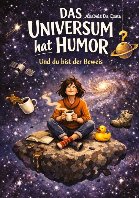 Titel: "Das Universum hat Humor und du bist der Beweis". Illustration: Frau auf einem schwebenden Felsen im All, mit Kaffee.