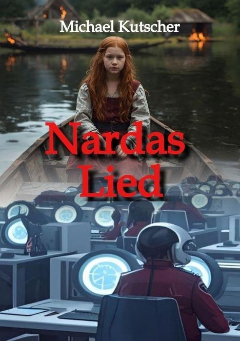 Text: "Michael Kutscher" und "Nardas Lied". Oben ein Mädchen in einem Boot, unten eine futuristische Kontrollraum-Szene.