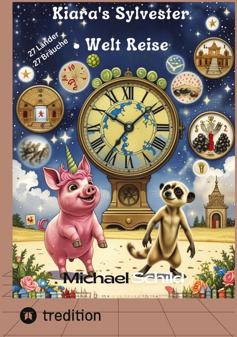 „Kiara's Sylvester Welt Reise“ zeigt eine Uhr, Einhornschwein, Erdmännchen, Sterne, Ballons und architektonische Elemente.