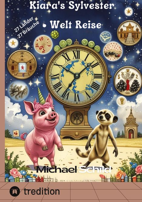 "Kiara's Sylvester Welt Reise", "27 Länder 27 Bräuche". Illustration mit Uhr, pinkem Einhorn-Schwein und Erdmännchen.
