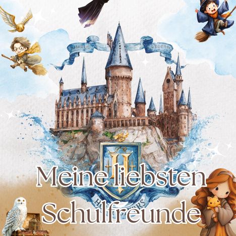 "Meine liebsten Schulfreunde" vor einer Illustration eines Schlosses mit magischen Elementen wie fliegenden Figuren.