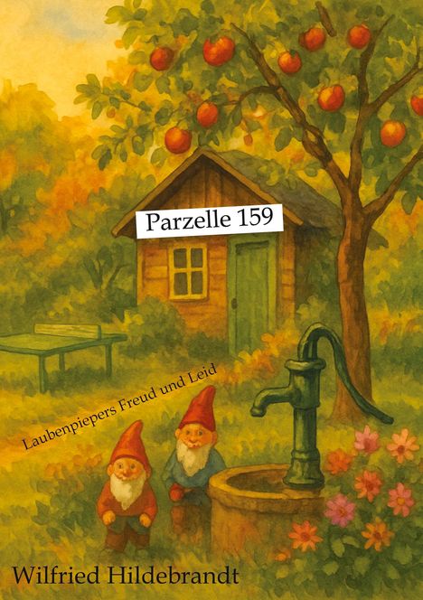 Der Text sagt: &quot;Parzelle 159&quot;, &quot;Laubenpiepers Freud und Leid&quot;. Eine Illustration mit zwei Gartenzwergen, Hütte, Pumpe, Blumen.