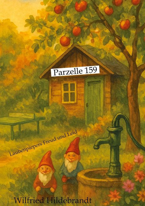 "Parzelle 159", "Laubenpiepers Freud und Leid", "Wilfried Hildebrandt". Zwei Gartenzwerge, Häuschen, roter Apfelbaum.