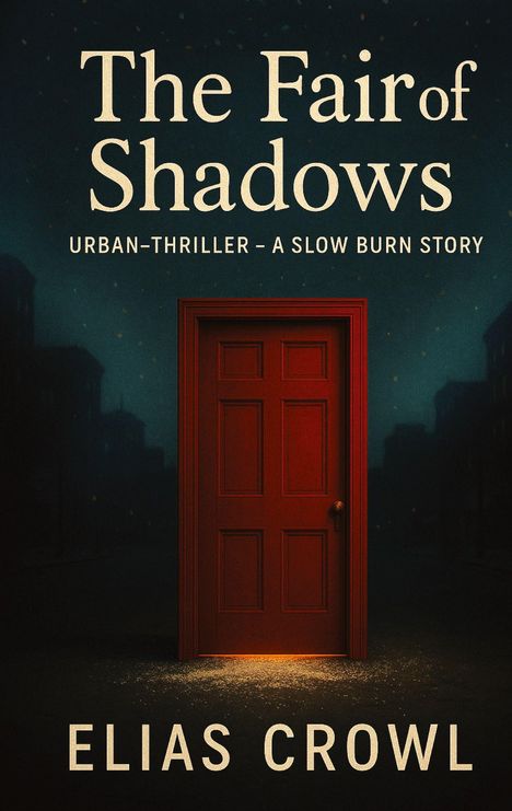 "The Fair of Shadows" Urban-Thriller, darunter "Elias Crowl". Dunkle Szene mit roter Tür, geheimnisvolle Atmosphäre.