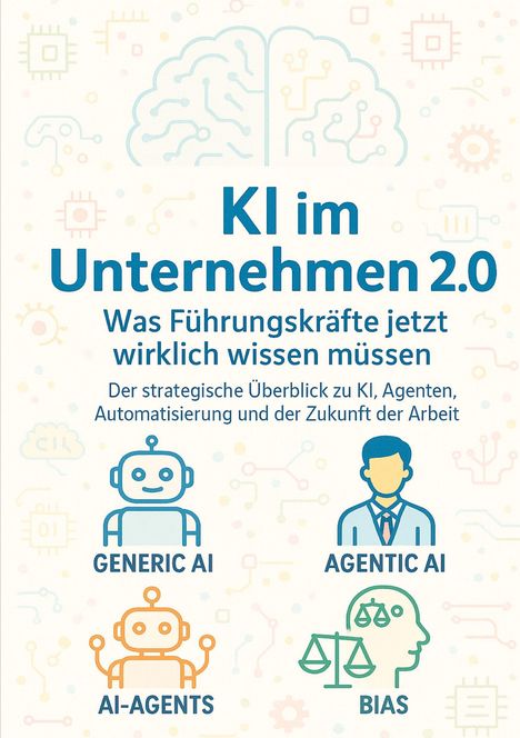 "KI im Unternehmen 2.0: Was Führungskräfte jetzt wirklich wissen müssen." Oben eine schematische Abbildung eines Gehirns. Unten vier Symbole: Roboter für "GENERIC AI", eine Person für "AGENTIC AI", orange Roboter für "AI-AGENTS", Waage für "BIAS".