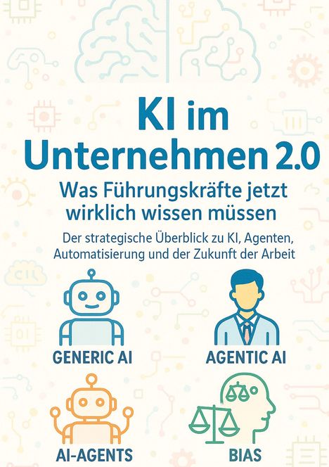 „KI im Unternehmen 2.0“ mit Icons: Roboter, Mensch, Waage. Titel und Begriffe: GENERIC AI, AGENTIC AI, AI-AGENTS, BIAS.