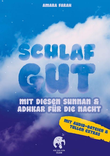 "Schlaf gut" in großen Buchstaben, darunter "Mit diesen Sunnan & Adhkar für die Nacht". Heller Himmel mit Wolken.