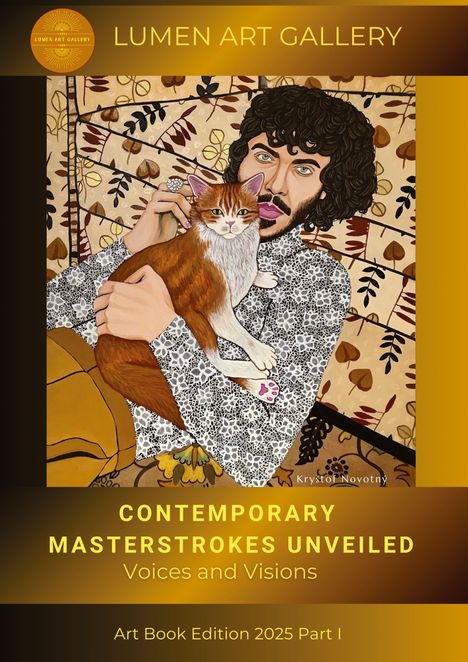 Eine Illustration zeigt eine Person mit einer Katze im Arm, umgeben von dekorativem Muster. Text: "CONTEMPORARY MASTERSTROKES UNVEILED."