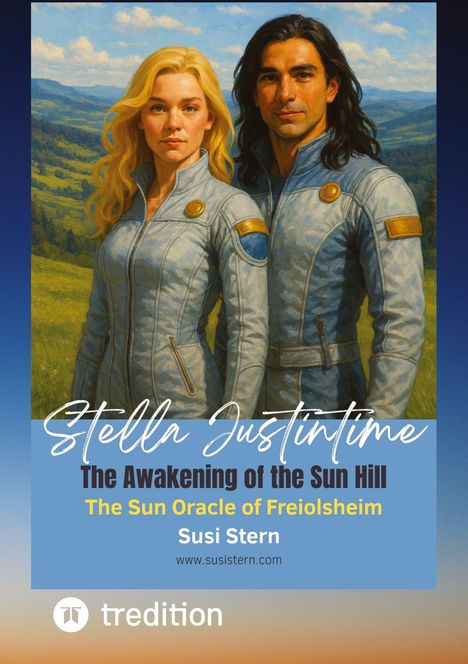 Text: Stella Justintime, The Awakening of the Sun Hill, The Sun Oracle of Freiolshiem, Susi Stern, www.susistern.com. 

Illustration zweier Menschen in futuristischen Anzügen vor einer Landschaft.