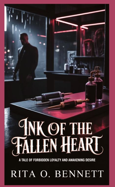 „INK OF THE FALLEN HEART“ – ein düsterer Raum mit roten Neonlichtern, einer tätowierten Atmosphäre und einer unscharfen Gestalt.