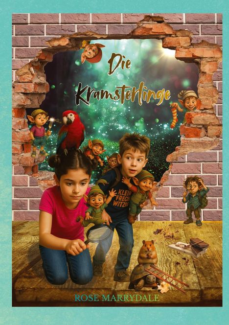 "Die Kramsterlinge" in bunter Schrift auf einer zerstörten Mauer. Kinder und kleine Kreaturen erkunden neugierig.