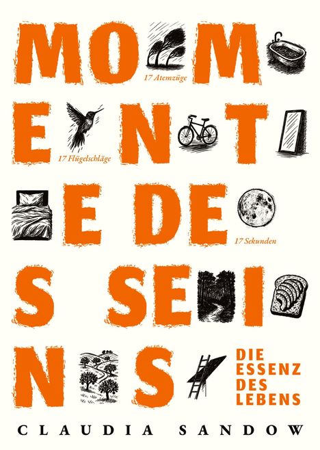 "Momente des Seins. Die Essenz des Lebens. Claudia Sandow" in orange. Illustrationen: Atemzüge, Flügelschläge, Sekunde.