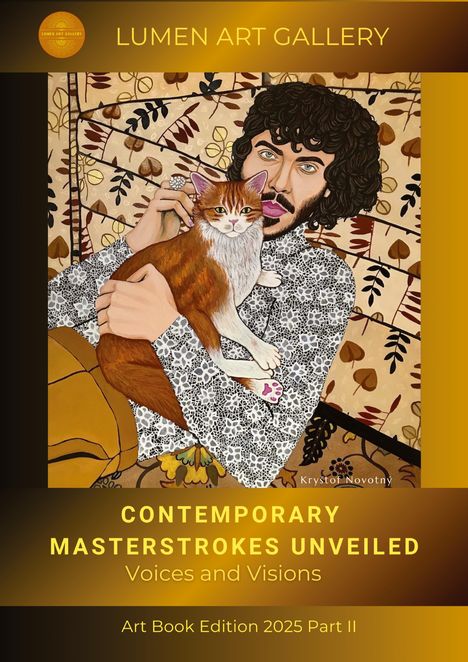 "Contemporary Masterstrokes Unveiled: Voices and Visions." Illustration eines Mannes mit Katze im floralen Hintergrund.