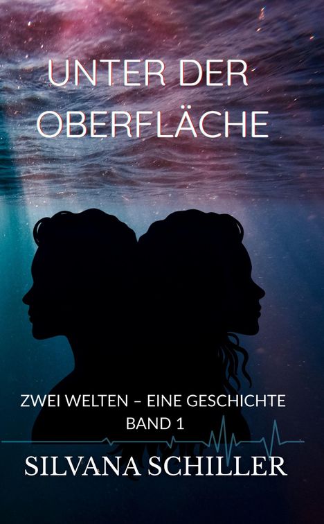 "Unter der Oberfläche", "Zwei Welten – Eine Geschichte, Band 1", "Silvana Schiller". Silhouetten zweier Profilansichten im Wasser.