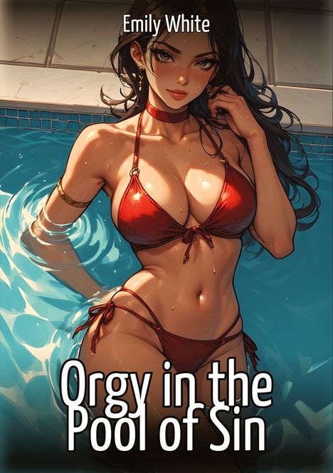 "Emily White", "Orgy in the Pool of Sin". Illustration einer Frau in rotem Bikini in einem Pool.