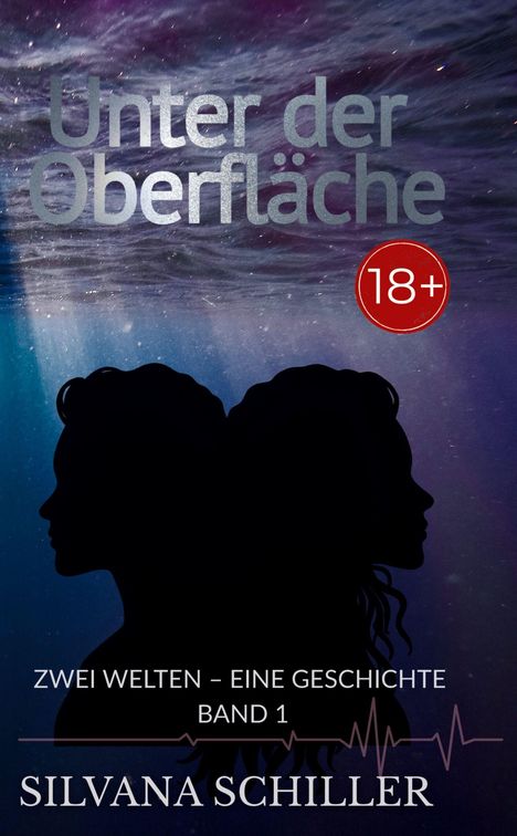 "Unter der Oberfläche" und "18+" Text, zwei schwarze Silhouetten von Gesichtern, darüber stilisiertes Wasser.