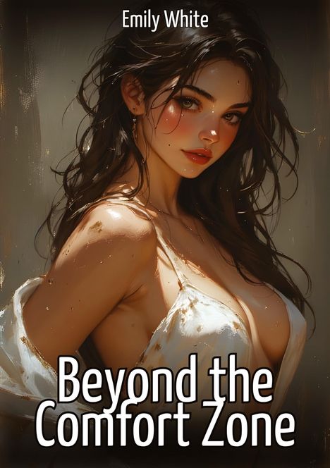 „Beyond the Comfort Zone“ und „Emily White“. Eine digitale Illustration einer jungen Frau in einem weißen Kleid.