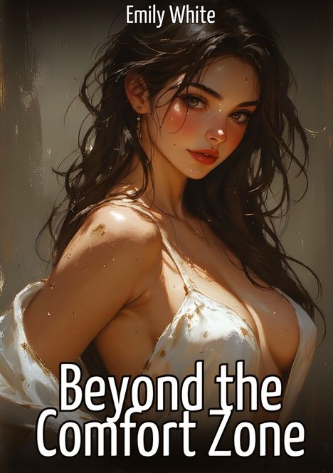 Text: „Emily White Beyond the Comfort Zone“. Eine digitale Illustration einer Frau mit dunklem Haar in einem weißen Oberteil.