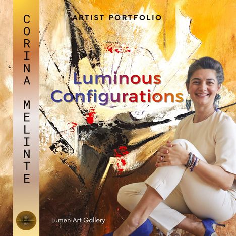 Der Text lautet: "CORINA MELINTE Artist Portfolio Luminous Configurations Lumen Art Gallery". Eine lächelnde Person sitzt vor abstrakter Kunst.