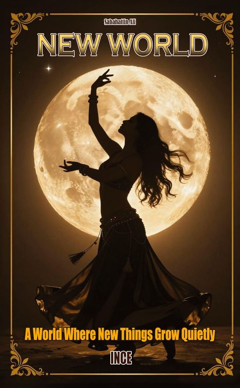 Text: "NEW WORLD. A World Where New Things Grow Quietly. INCE." Silhouette einer tanzenden Frau vor einem großen Vollmond.