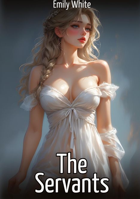 "Emily White", "The Servants". Eine Frau in einem weißen, schulterfreien Kleid, lange blonde Haare, Illustration.