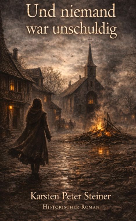„Und niemand war unschuldig“ von Karsten Peter Steiner, Historischer Roman. Eine dunkle Dorfstraße mit Kirche, Feuerstelle.