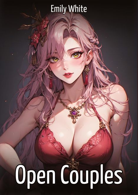 "Emily White", "Open Couples". Illustration: Frau mit langen rosa Haaren, rotem Kleid, Blumen im Haar.