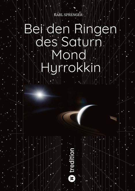 Titel: Bei den Ringen des Saturn Mond Hyrrokkin. Illustration von Saturn mit Ringen im All.