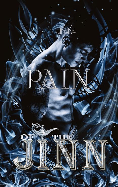 „Pain of the Jinn“ in großen Buchstaben. Ein muskulöser Mann im Profil, umgeben von blauem Rauch und Mustern.