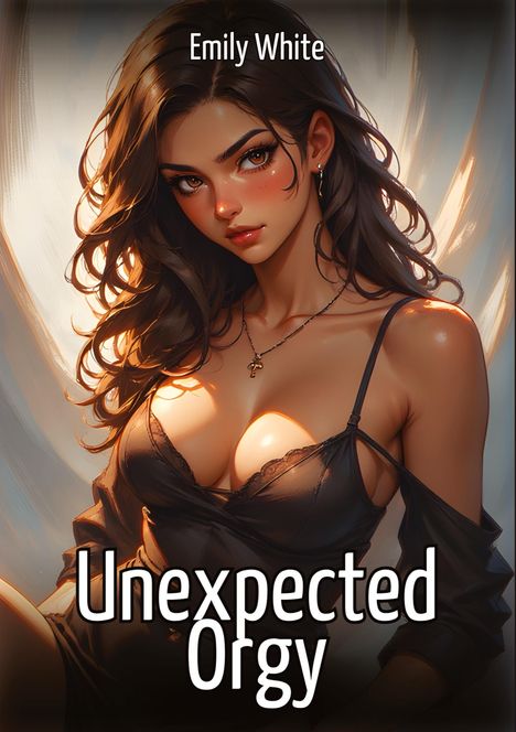 Text: "Emily White" und "Unexpected Orgy". Eine Illustration einer Frau mit langem Haar und sinnlichem Ausdruck.