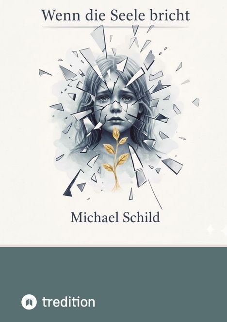 "Wenn die Seele bricht," Michael Schild. Illustration: Ein zerbrochenes Gesicht mit goldenem Zweig. Unten tredition-Logo.