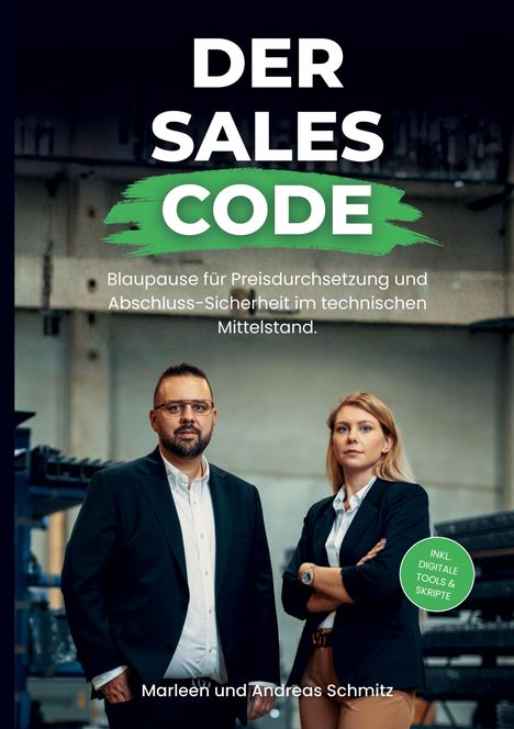 Text: "DER SALES CODE", "Blaupause für Preisdurchsetzung und Abschluss-Sicherheit im technischen Mittelstand." Zwei Personen in Anzügen.