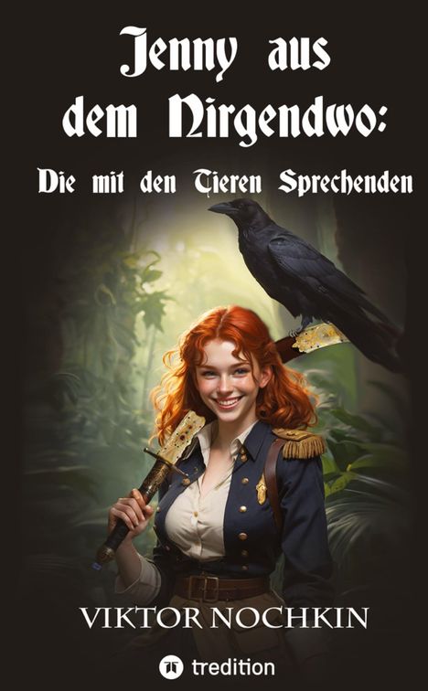 Text: "Jenny aus dem Nirgendwo: Die mit den Tieren Sprechenden. VIKTOR NOCHKIN". Illustration einer lächelnden Frau mit Rabe.