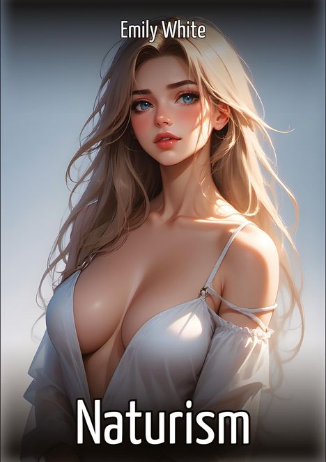 "Emily White" oben, "Naturism" unten. Illustration einer Frau mit langen, blonden Haaren und blauer Kleidung.
