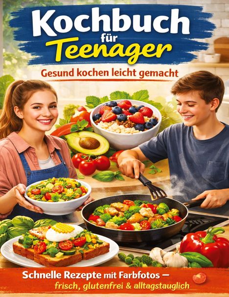 "Kochbuch für Teenager: Gesund kochen leicht gemacht. Schnelle Rezepte mit Farbfotos – frisch, glutenfrei & alltagstauglich." Junge und Mädchen kochen mit frischem Gemüse.