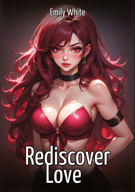 "Rediscover Love" und "Emily White" in elegantem Schriftzug. Eine Figur mit langen, roten Haaren und rotem Outfit.