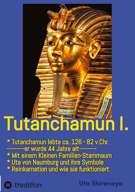 „Tutanchamun I.“ steht groß daneben. Goldene Maske von Tutanchamun im Profil.