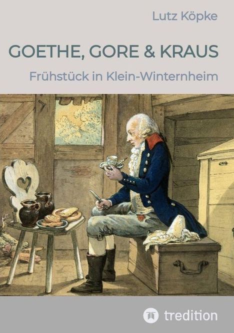 "GOETHE, GORE & KRAUS. Frühstück in Klein-Winternheim. Ein Mann in historischer Kleidung isst in einer rustikalen Küche."