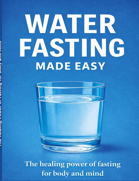 Text: "WATER FASTING MADE EASY. The healing power of fasting for body and mind." Ein Glas Wasser auf blauem Hintergrund.