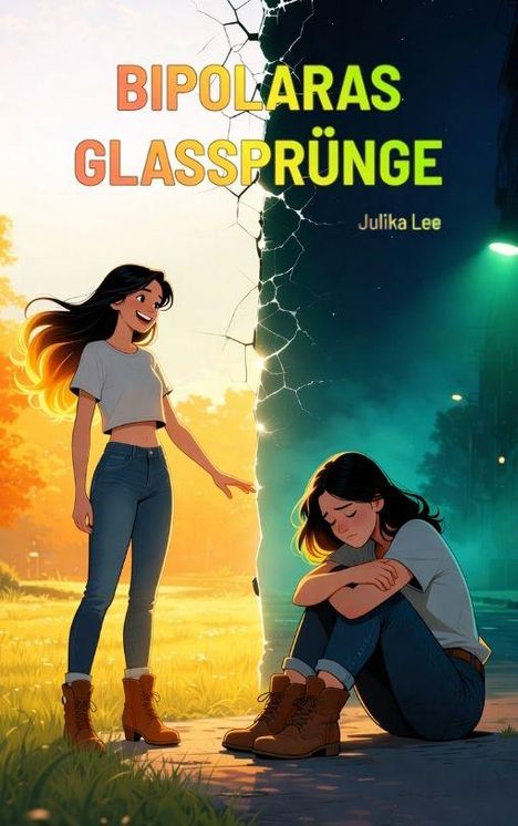 Titel: "BIPOLARAS GLASSPRÜNGE", Autorin: Julika Lee. Eine Frau lacht in sonniger Umgebung, daneben sitzt dieselbe Frau traurig im Dunkeln.