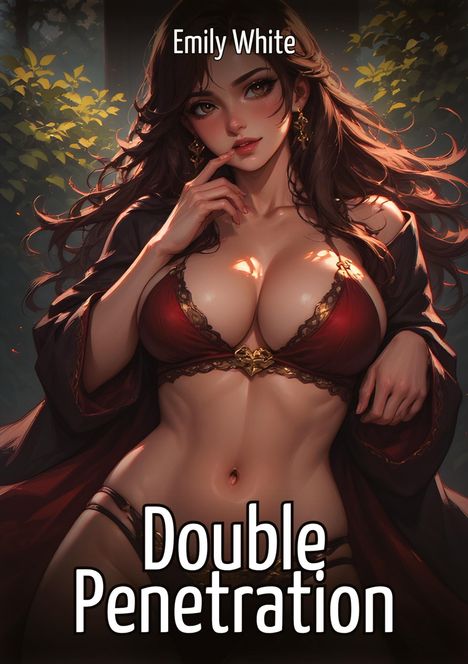 Der Text zeigt "Emily White" und "Double Penetration". Eine gezeichnete Frau in verführerischer Pose trägt rote Dessous.
