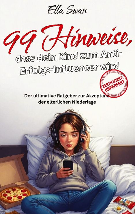 "99 Hinweise, dass dein Kind zum Anti-Erfolgs-Influencer wird. Zertifiziert: Unperfekt. Illustration: Teenager mit Pizza, Handy, Kopfhörer."