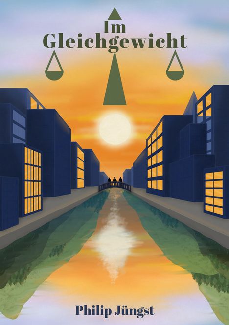 „Im Gleichgewicht“ und „Philip Jüngst“ vor einer Skyline bei Sonnenuntergang, mit einer Brücke über einem Fluss.